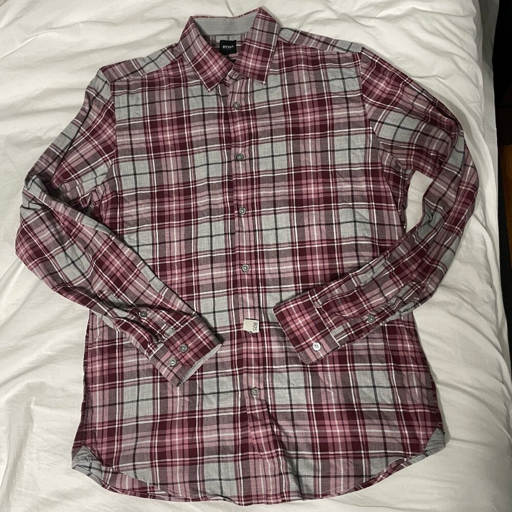 Boss by Hugo Boss Men's M Regular Fit Red & Gray Plaid Long Sleeve Dress Shirt